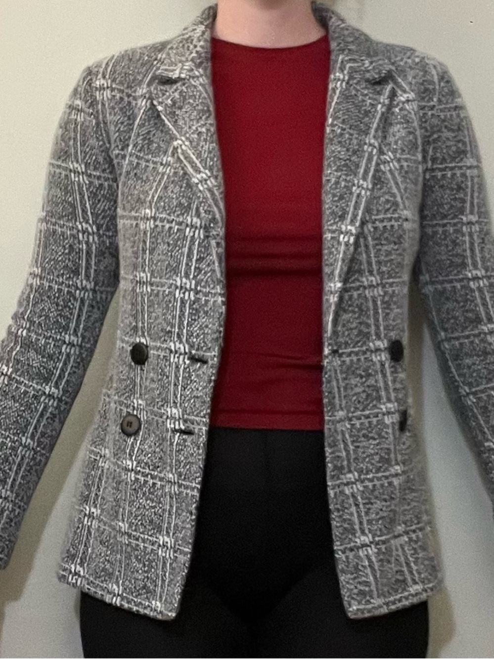Womens Gray Plaid Double-Breasted Blazer Jacket